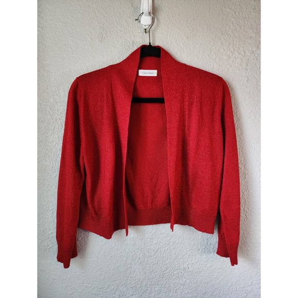 Calvin Klein Red Shrug Open Front Sparkle Cardigan Sweater - Picture 1 of 3